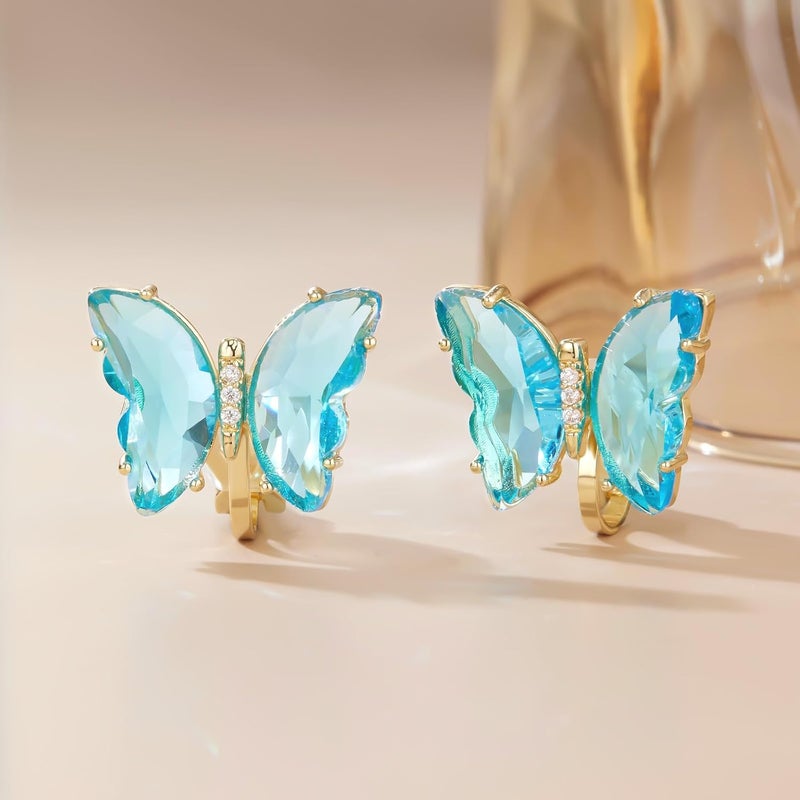 YOQUCOL Butterfly Shape Crystal Clip On Earrings Non Pierced Golden Stud for Women - Image 5